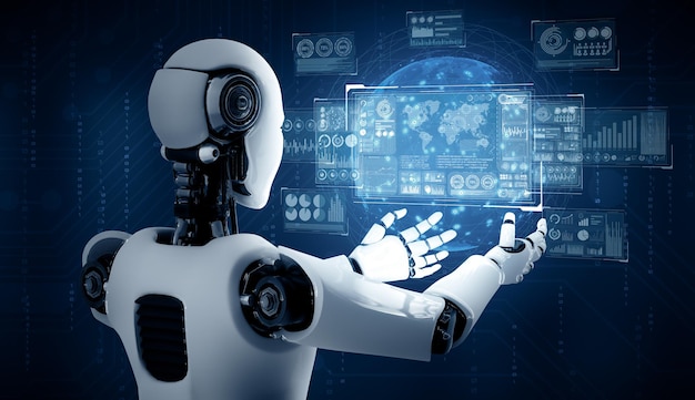 El robot humanoide Xai ai sostiene una pantalla de holograma virtual que muestra el concepto de big data