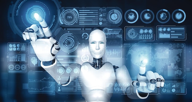 El robot humanoide Xai ai toca una pantalla de holograma virtual que muestra el concepto de big data