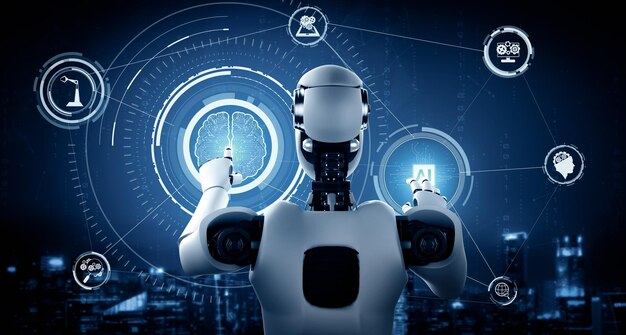El robot humanoide Xai ai toca una pantalla de holograma virtual que muestra el concepto de cerebro artificial