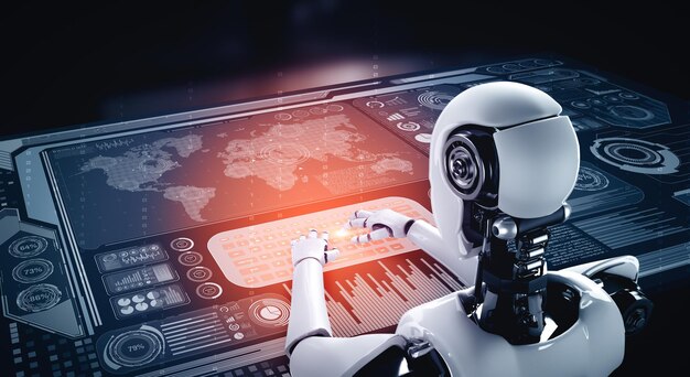 El robot humanoide Xai usa una computadora portátil y se sienta en la mesa para una conexión de red global