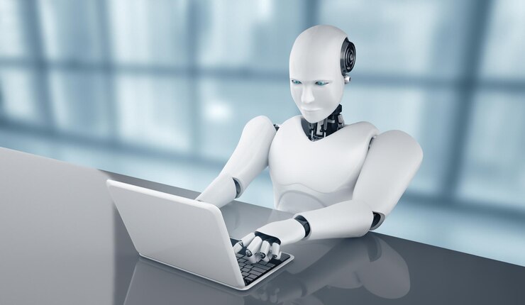 Foto el robot humanoide xai usa una computadora portátil y se sienta en la mesa en la oficina del futuro