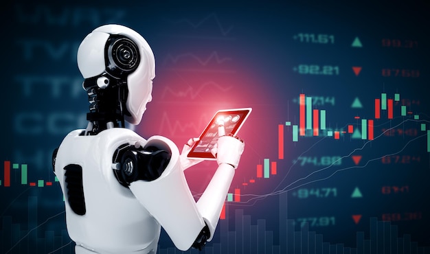 Robot humanoide XAI usando una tableta en el concepto de negociación en el mercado de valores