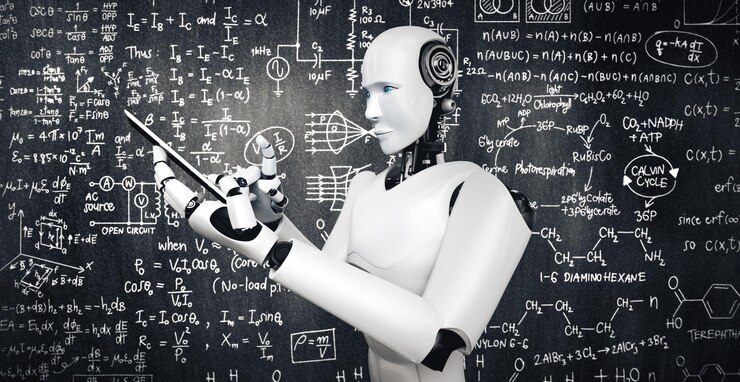 Foto el robot humanoide xai utiliza un teléfono móvil o una tableta para estudiar ciencias de la ingeniería