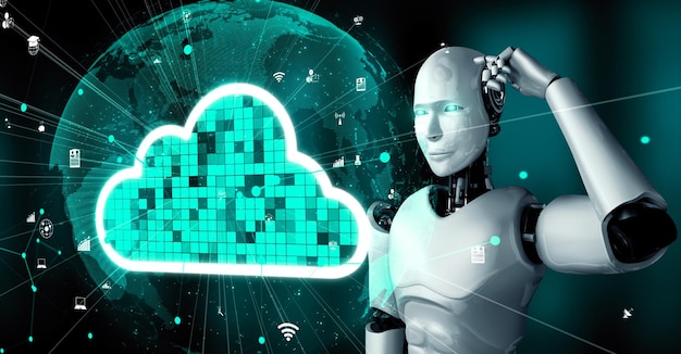 El robot huminoide con IA utiliza tecnología de computación en la nube para almacenar datos en un servidor en línea