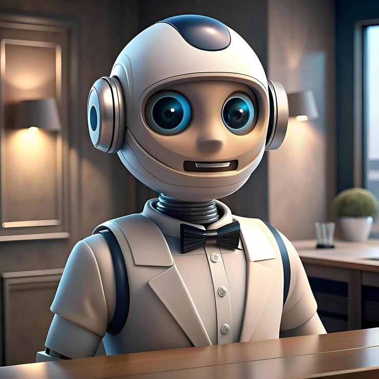 Foto robot de ia amistoso con corbata de papagaio y vestimenta formal trabajando como recepcionista de hotel