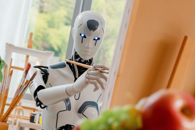 Foto robot de ia android pintando en el estudio