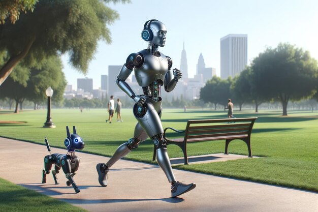 Foto robot de ia corriendo en el parque con auriculares