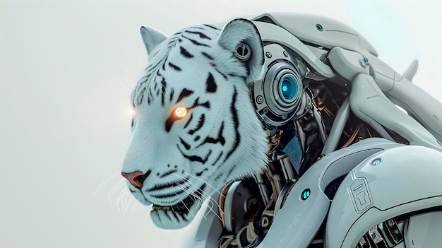 robot de IA futurista con cabeza de tigre en un fondo blanco que simboliza la fuerza la inteligencia el poder de la tecnología con la majestuosidad del reino animal perfecto para conceptos innovadores