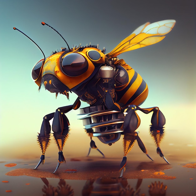 Robot de IA generativo concepto de abeja cyborg cadena de bloques y redes de tecnología insecto mecánico amarillo