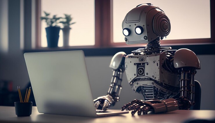 Foto robot de ia generativo sentado en una computadora portátil dentro de la oficina
