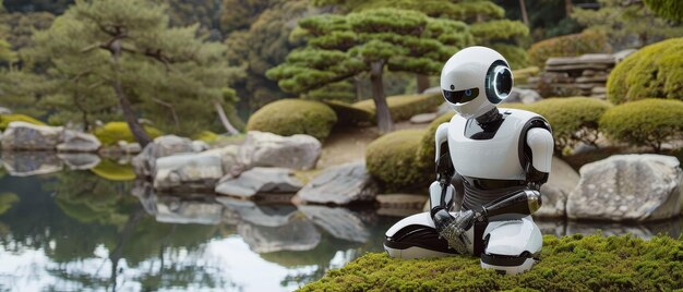 Un robot de IA hiperavanzado en un sereno jardín Zen fusionando la tecnología con la naturaleza que simboliza el equilibrio