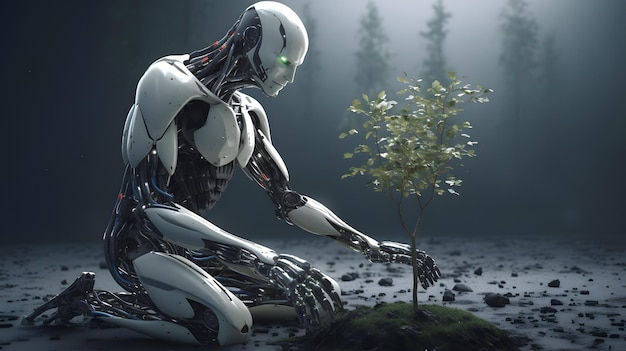 robot de IA plantar un árbol ecología tecnología humanoide volverse verde IA generativa