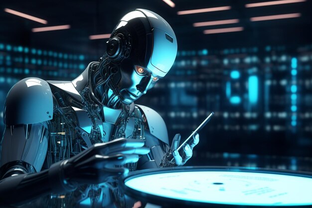 Robot de IA que sostiene una lupa y examina la línea 00010 03