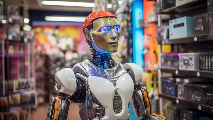 Foto un robot de ia en una tienda de alquiler de disfraces ayudando al cliente