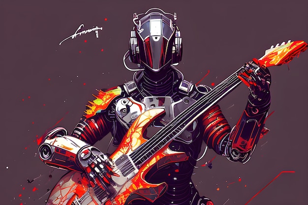 Robot con ilustración de color de guitarra IA generativa