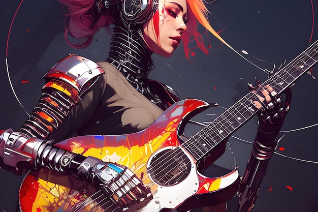 Robot con ilustración de color de guitarra IA generativa