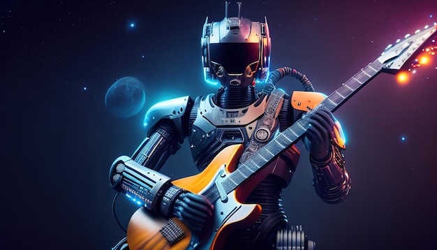 Robot con una ilustración de color de guitarra