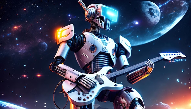 Robot con una ilustración de color de guitarra