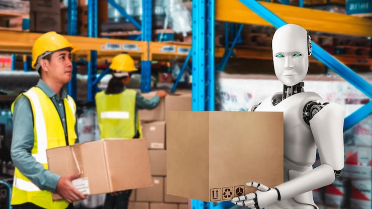 Foto robot de la industria innovadora que trabaja en el almacén junto con el trabajador humano
