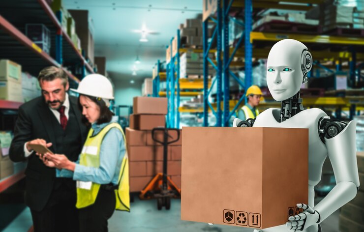 Foto robot de la industria innovadora que trabaja en el almacén junto con el trabajador humano