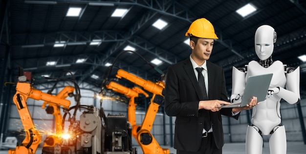 Robot de la industria mecanizada y trabajador humano trabajando juntos en la fábrica del futuro