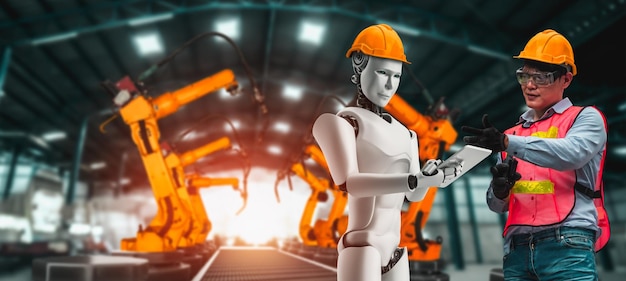 Robot de la industria mecanizada y trabajador humano trabajando juntos en la fábrica del futuro