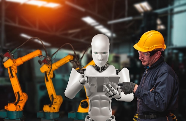 Robot de la industria mecanizada y trabajador humano trabajando juntos en la fábrica del futuro