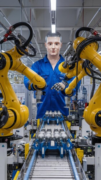 Robot industrial cibernético y brazos robóticos para montaje en producción en fábrica.