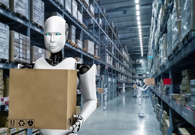 Robot industrial innovador que trabaja en el almacén para el reemplazo de mano de obra humana