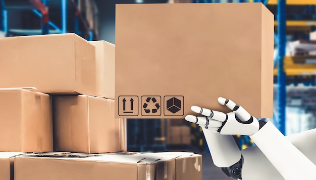 Foto robot industrial innovador que trabaja en el almacén para el reemplazo de mano de obra humana
