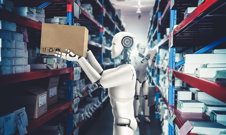 Foto robot industrial innovador que trabaja en el almacén para el reemplazo de mano de obra humana