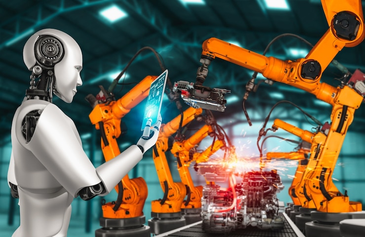 Foto robot industrial mecanizado y brazos robóticos para montaje en producción en fábrica.