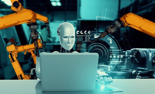 Robot industrial mecanizado y brazos robóticos para montaje en producción en fábrica.