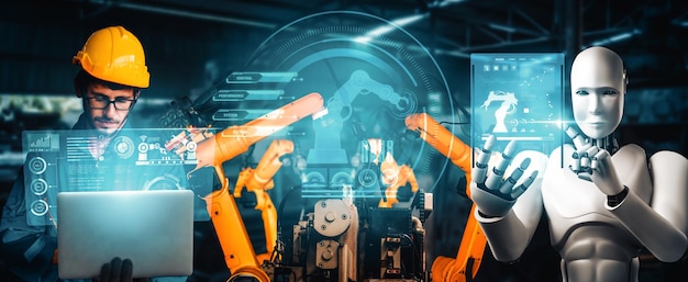 Robot industrial mecanizado y trabajador humano trabajando juntos en la fábrica del futuro