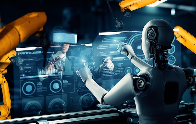 Robot industrial mecanizado y trabajador humano trabajando juntos en la fábrica del futuro