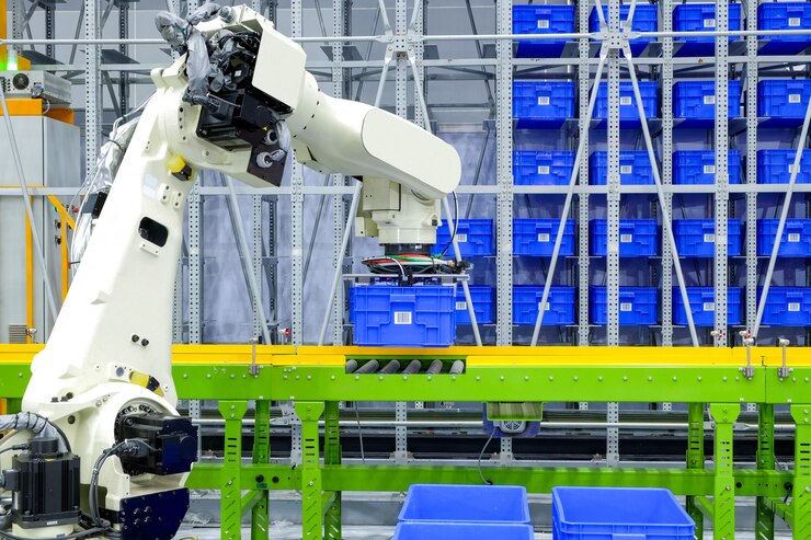 Foto robot industrial que se apodera del contenedor azul de la caja de plástico puesto en el transportador en almacén inteligente de la fábrica