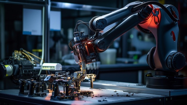 Foto robot industrial que trabaja en una línea de producción de metales