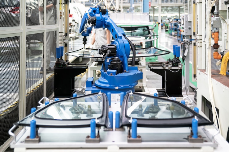 Foto robot industrial en sistema de almacén inteligente para fábrica de fabricación