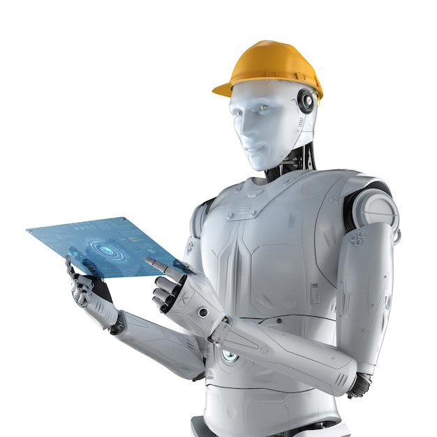 Robot de ingeniero de renderizado 3D con casco de seguridad