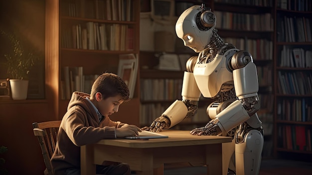 Un robot con inteligencia artificial ayuda a un adolescente con los deberes mientras leen libros juntos