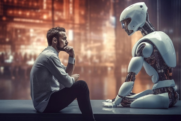 Robot con inteligencia artificial interactúa con IA generativa humana