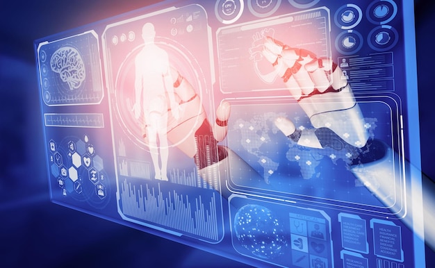 Robot de inteligencia artificial médica de representación 3D que trabaja en el futuro hospital Atención médica protésica futurista para pacientes y concepto de tecnología biomédica