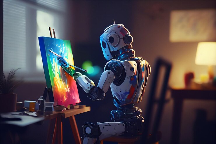Robot de inteligencia artificial que trabaja en una computadora en casa Tecnología e innovación concepto generativo ai