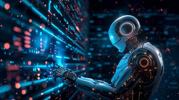 Robot de inteligencia artificial que utiliza seguridad cibernética para proteger la privacidad de la información Concepto futurista de prevención de delitos cibernéticos mediante inteligencia artificial y proceso de aprendizaje automático Ilustración de representación 3D