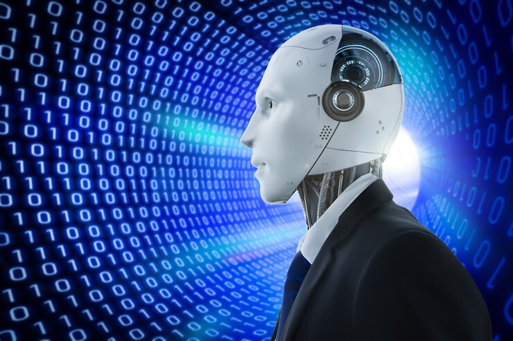 Foto robot de inteligencia artificial de renderización 3d con fondo de túnel binario