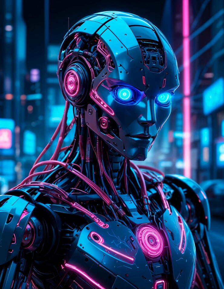 un robot inteligente y futurista con una luz de neón azul y rosa