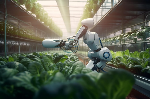 Un robot en un invernadero con una planta verde al fondo.