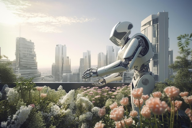 Robot jardinero que tiende a un jardín floreciente en un paisaje urbano futurista creado con ai generativo