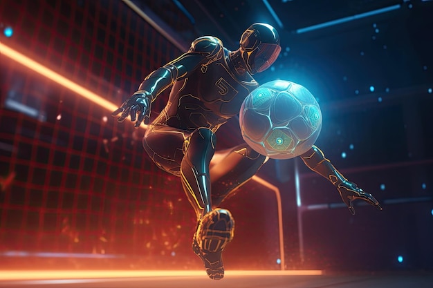 El robot juega al fútbol Un jugador de fútbol futurista que juega con un balón de fútbol brillante IA generativa