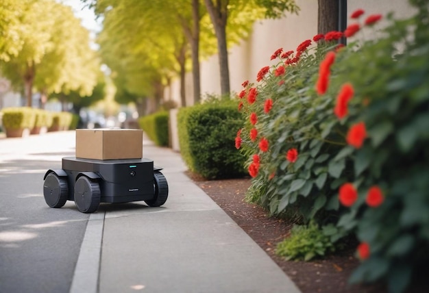 un robot de juguete está sentado en la acera frente a algunas flores